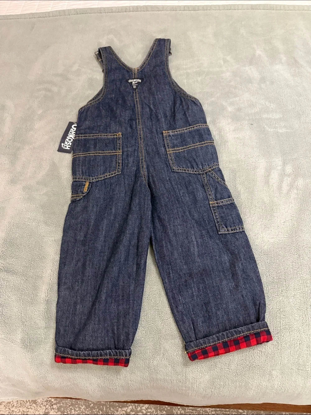 OshKosh B'gosh Dark Blue Denim Overalls with Red Plaid Cuffs